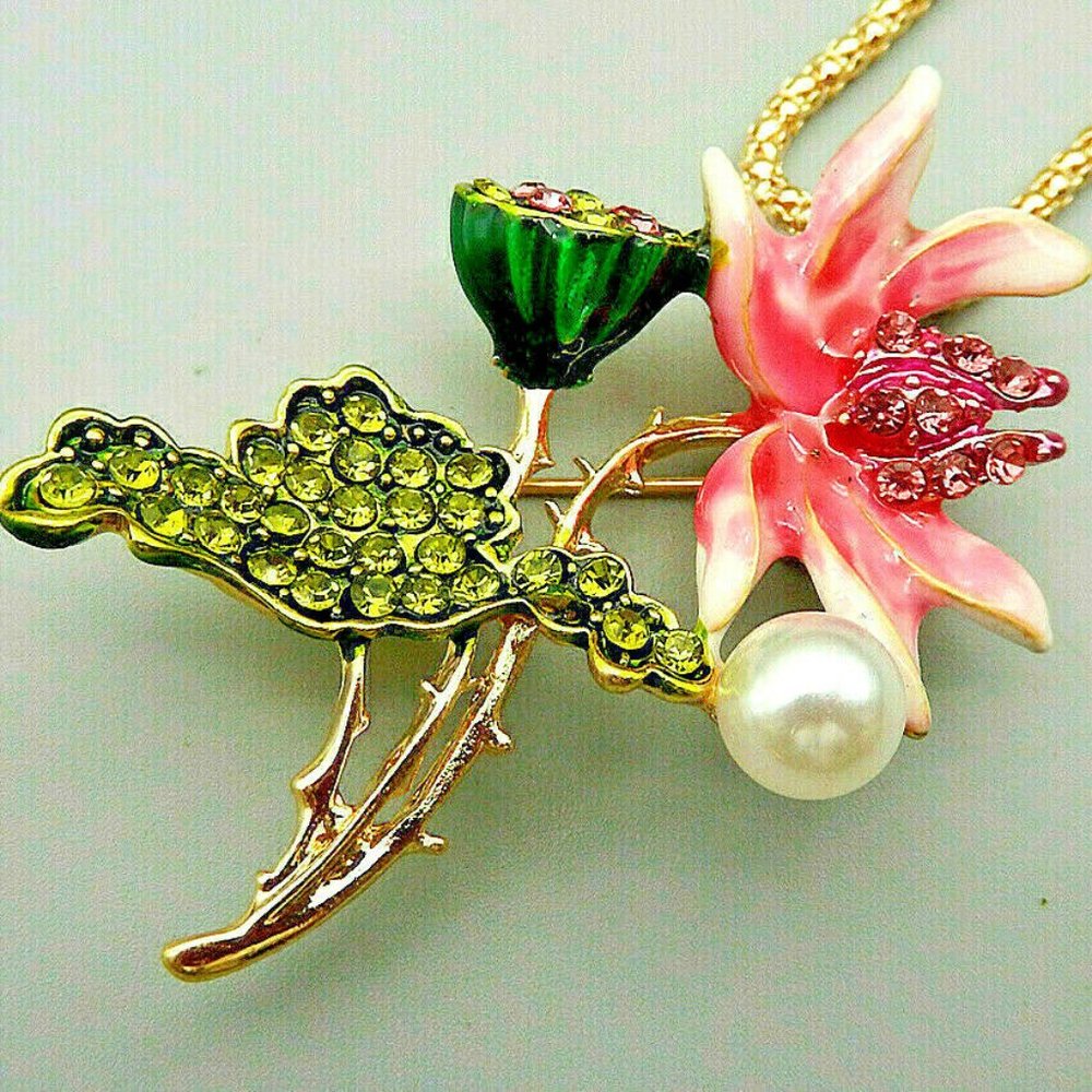 Hot Pink ORCHID Lotus Pearl Flower Pendant Brooch - Picture 7 of 8